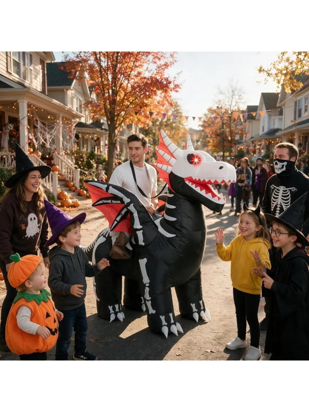 Adult Halloween Inflatable Costume - Light-Up Skeleton Dragon Suit for Parties